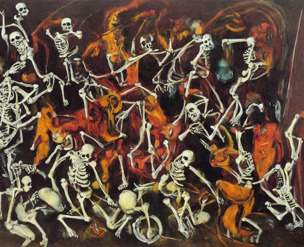 Image similar to oil painting of skeletons dancing in a circle, witches sabbat, art by francis bacon