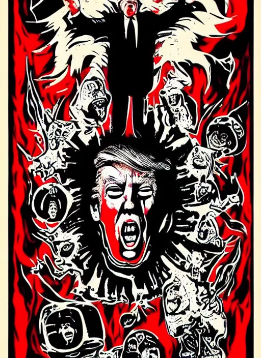 Image similar to Donald Trump's true form on a 1960s horror movie poster, inking, vintage 60s print, detailed, scary, horror, screen print, trending on artstation