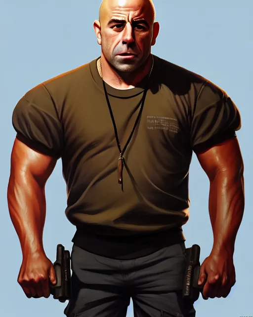 Image similar to character concept art of joe rogan in the movie training day, key visual, realistic shaded perfect face, fine details by stanley artgerm lau, wlop, rossdraws, james jean, andrei riabovitchev, marc simonetti, and sakimichan, trending on artstation