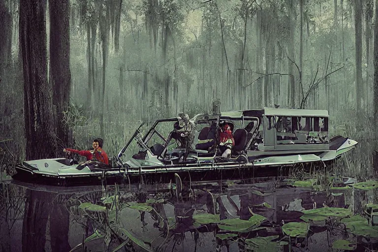 Prompt: scene from louisiana swamps, airboat with neon satanic pentagram, boy scout troop, voodoo artwork by tim eitel