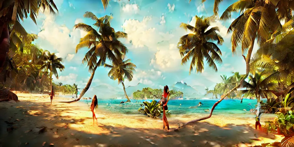 Image similar to Tropical paradise, digital painting, art by greg rutkowski, artgerm