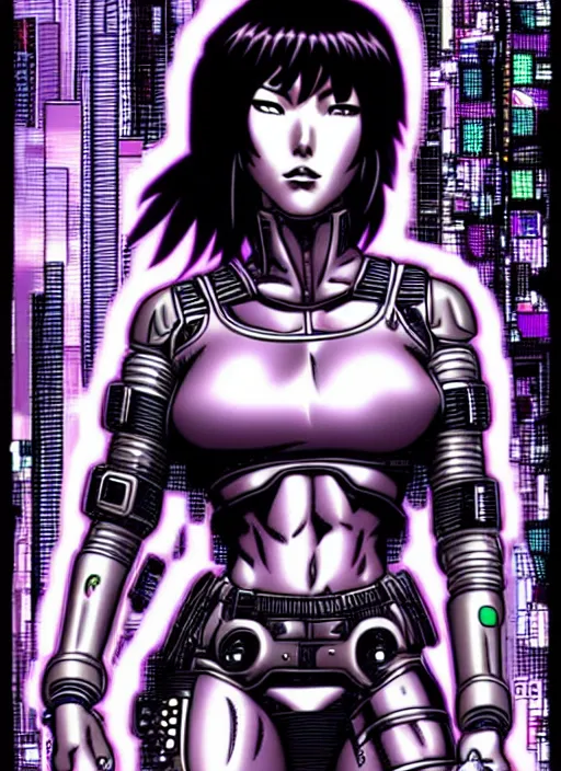 Image similar to motoko kusanagi in grungy cyberpunk megacity, intricate and finely detailed, cyberpunk vaporwave, portrait by j scott campbell