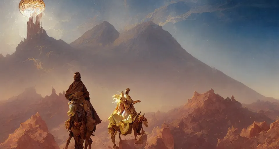 Image similar to between desert and mountain, city with islamic architecture, gold desert, dark mountain with lava, thunderstorm, fantasy, art by joseph leyendecker, peter mohrbacher, ivan aivazovsky, ruan jia, reza afshar, marc simonetti, alphonse mucha