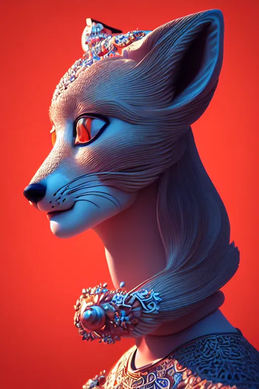 Image similar to 3 d goddess close - up profile portrait. beautiful intricate highly detailed korean fox mask and traditional korean hanbok. stingray, magpie, bio luminescent, plasma, lava, ice, water, wind, creature, artwork by tooth wu and wlop and beeple and greg rutkowski, octane 3 d render