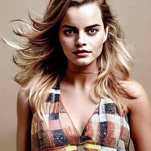 Image similar to a woman who is a genetic combination of margot robbie and emma watson face and upper - body focus