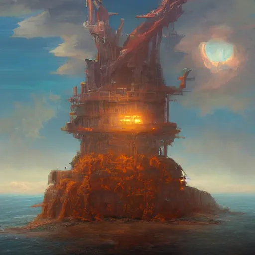 Image similar to a rust - colored terraforming tower jutting out of a vast ocean, sci fi concept art by tyler edlin, antoine blanchard, thomas cole