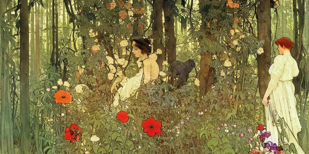 Image similar to a beautiful painting of wild animals in the woods with vines and ferns and flowers, painted by carl larsson and alphonse mucha