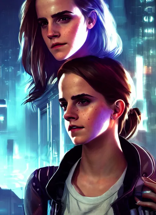 Image similar to portrait of Emma Watson in a Cyberpunk 2077 loading screen, looking at camera, intricate, dystopian, sci-fi, extremely detailed, digital painting, artstation, concept art, smooth, sharp focus, illustration, intimidating lighting, incredible art by artgerm and greg rutkowski and alphonse mucha and simon stalenhag