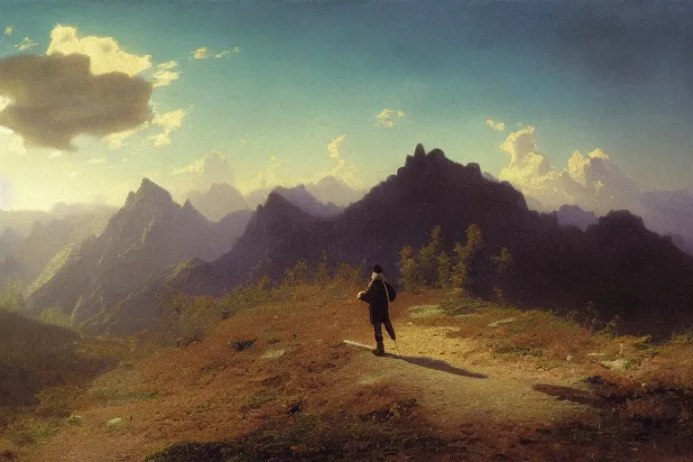 Prompt: a traveler wandering trough the mountains looking at the clouds, very detailed, focused, oil painting, cinematic lighting, albert bierstadt, trending on artstation, colorful, canvas, sunset, hans dahl, theodor kittelsen, hermann hendrich, national geographic, Konstantin Yakovlevich Kryzhitsky, beautiful nature, breathtaking