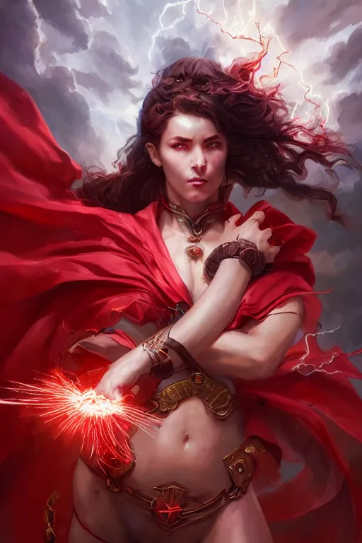 Image similar to beautiful girl warrior in red dress, casting magic spell holding electricity, angel, magic storm and thunder clouds, fantasy, magic the gathering, hyper detailed, 3 d render, hyper realistic detailed portrait, peter mohrbacher, wlop, ruan jia