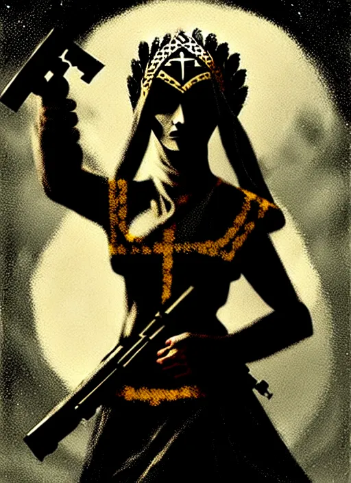 Prompt: marana slavic goddess with ak - 4 7 in six arms in traditional slavic clothes : by anato finnstark kvlt by peder balke by peder balke by greg rutkowski, mystic high contrast monochromatic noir