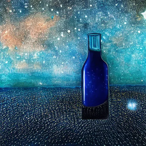 Prompt: a deep meaningful representation of dark but full of stars galaxy in a bottle sailing alone around the blue ocean, palette of blues and greens, photrealistic, 4k, high detail