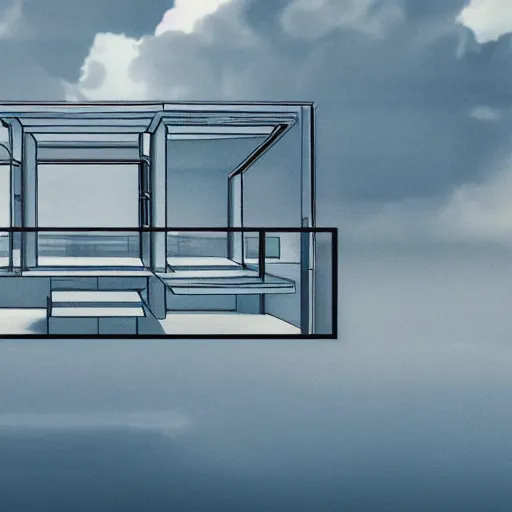 Prompt: cross-section perspective of architecture blueprint of floating building, anchored to clouds, bridges connecting clouds, ethereal, amazing. cinematic digital illustration, in style of Moebius