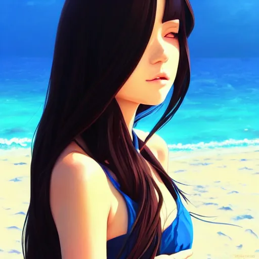 Image similar to a beautiful girl with long dark hair, on a beach, sunny, daytime, sharp focus, intricate, digital painting, artstation, official media, anime key visual, highly detailed, rich vivid colors, ambient lighting, illustration, art by Artgerm, Makoto Shinkai, Ilya Kuvshinov, Lois Van Baarle, and Rossdraws