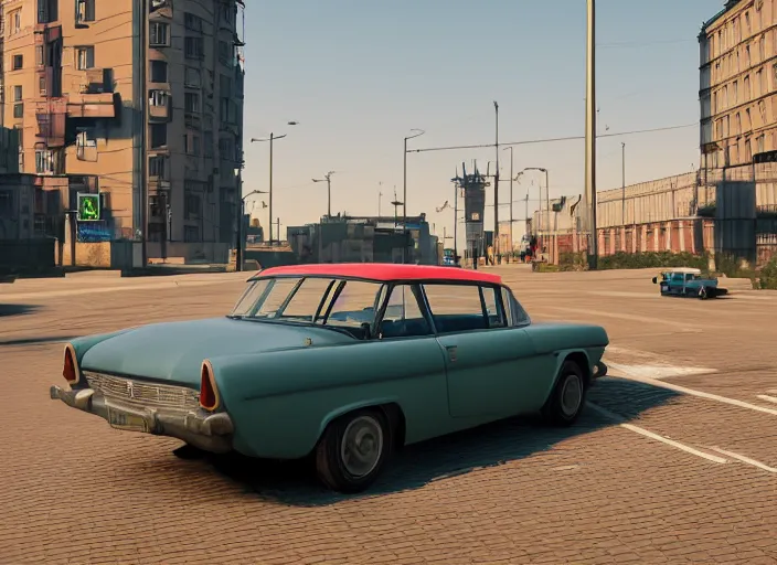 Image similar to hyperrealistic matte painting of gta game in moscow, 1 9 6 0, playstation 5 screenshot, man in adidas, mega details, golden hour, beautiful rtx reflections, soviet suburbs, photorealistic, unreal engine 5, octane render, volumetric light, featured on cg society, 4 k, 5 0 mm bokeh, russian lada car, artstation