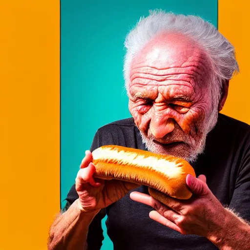 Prompt: Colour Photography of 1000 years old man with highly detailed 1000 years old face wearing higly detailed VR Headset. Man eating hot-dog in style of Josan Gonzalez