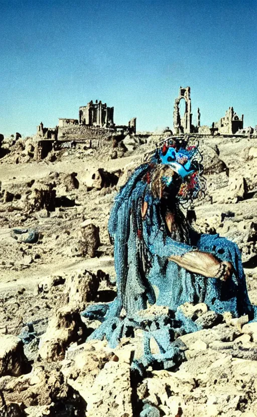 Image similar to salvador dali wearing a great crown with blue jewels in a dry rocky desert landscape, visible sky and sunny atmosphere, alien city ruins in the background, film still from the movie by alejandro jodorowsky with cinematogrophy of christopher doyle and art direction by hans giger, anamorphic lens, kodakchrome, very detailed photo, 8 k