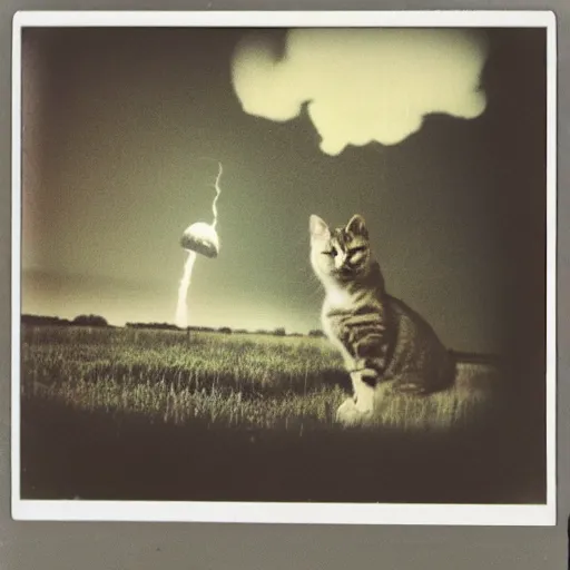 Image similar to polaroid photo of a cat watching a mushroom cloud in the background