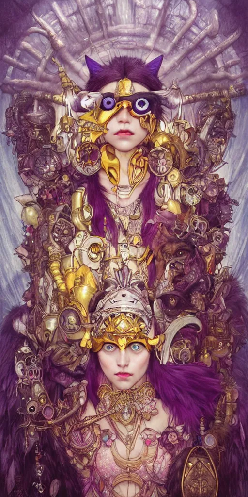 Prompt: hyper realistic Princess Mononoke in her mask, busy metropolis, city landscape, wolves, magic, castle, jewels, style of tom bagshaw, mucha, james gurney, norman rockwell, gems and gold, waterfalls, denoised, sharp, yellow purple colours,