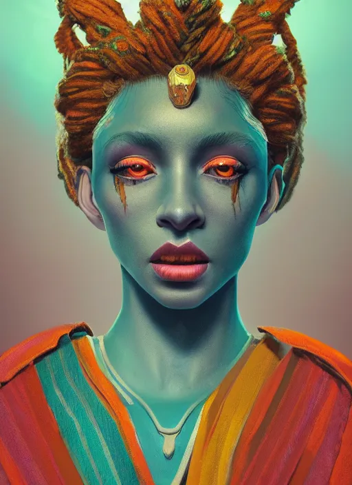 Image similar to an anthropomorphic beautiful goddess female wizard portrait holding weapon wearing colourful robe, dreadlock breed hair, fine art, award winning, intricate, elegant, sharp focus, octane render, hyperrealistic, cinematic lighting, highly detailed, digital painting, 8 k concept art, art by jamie hewlett masterpiece, trending on artstation, 8 k