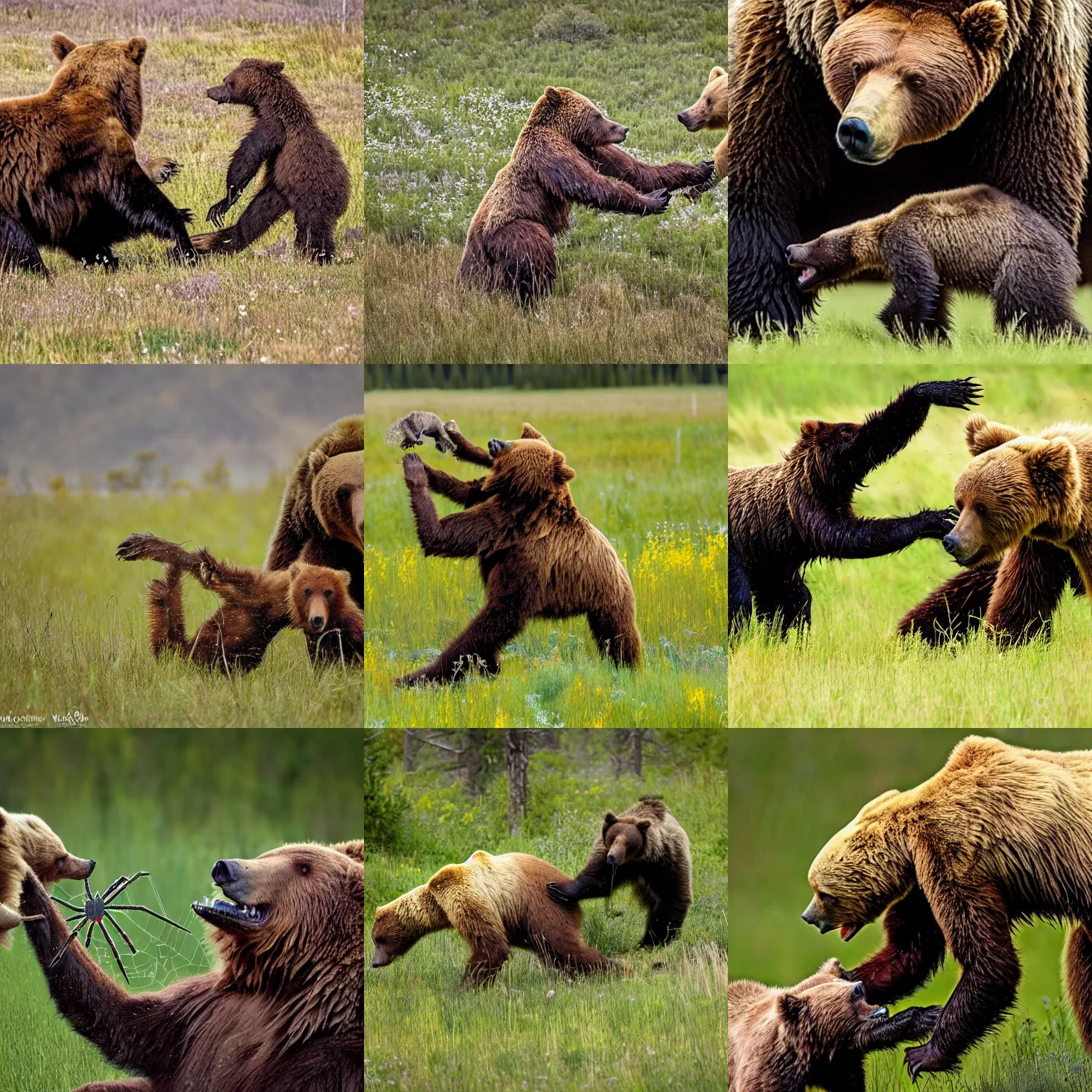 Prompt: detailed photo of a giant spider arachnid fighting a grizzly bear in a meadow, spider legs gripping onto the bear