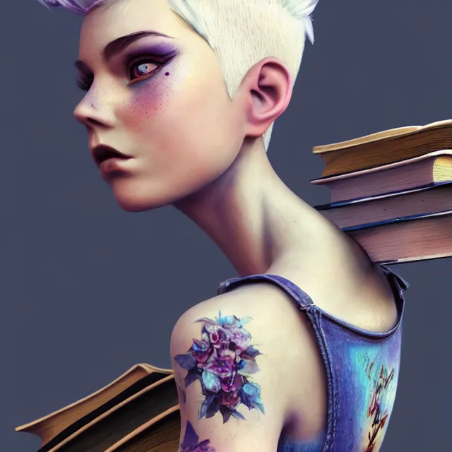 Image similar to full body pose, beautiful adult fairy, pixar, short white hair shaved sides, dirty, grungy, grunge, long sleeve, painted overalls, stacks of giant books, highly detailed, 4 k, hdr, smooth, sharp focus, high resolution, award - winning photo, artgerm, photorealistic