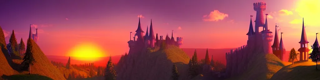 Prompt: a beautiful digital matte painting background of a fantasy castle, summer, sunset, forest, landscape - scenery, flat, low poly