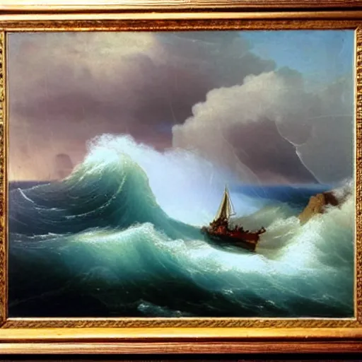 Prompt: prefect storm in the ocean. large waves, heavy stormy clouds. struggling ship to stay afloat. Rocky cliff in the background. Ivan Aivazovsky. Oil painting, very high details. Realistic. Epic.