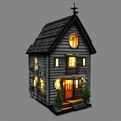 Prompt: strange darkness tiny house by Tim Burton, (by Tim Burton) dark forest background, volumetric lighting