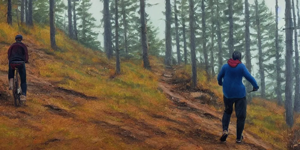 Image similar to Exact two men biking alone up a steep forest hill. One with a deep dark blue sweater and the other with a wine red sweater. sweaty. Oil painting. Emotional. Trending on artstation. Steep. Nordic Trees. Rustic. Artistic.