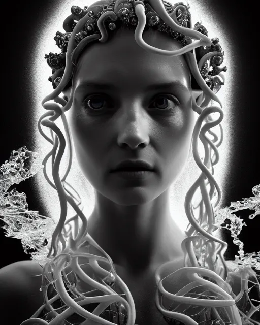 Prompt: mythical dreamy underwater black and white photo of a translucent beautiful female angelic - medusa - vegetal, highly detailed, intricate crystal ivy jelly ornate, poetic, translucent algae ornate, digital art, octane render, 8 k artistic photography, photo - realistic, hg giger