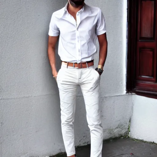 Image similar to person wearing off white shirt and nice pants combo stylish, hd, full body