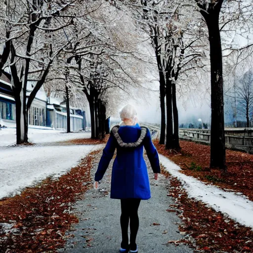 Image similar to 19-year-old Aristocratic platinum-blonde-haired hime-cut blue-eyed French empress wearing white leggings and black jacket, walking down sidewalk, winter trees, dead trees, mill, abandoned mill, drones, HD photograph