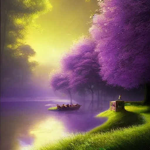 Image similar to A beautiful street art of of a landscape. It is a stylized and colorful view of an idyllic, dreamlike world with rolling hills, peaceful looking animals, and a flowing river. The scene looks like it could be from another planet, or perhaps a fairy tale. lavender by Marek Okon, by Stuart Immonen fine