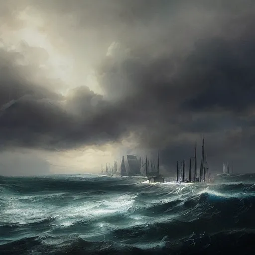 Image similar to an ship docking into an stormy island, Matte painting , detailed painting, made by Greg Rutkowski, 4k resolution, atmospheric, breathtaking