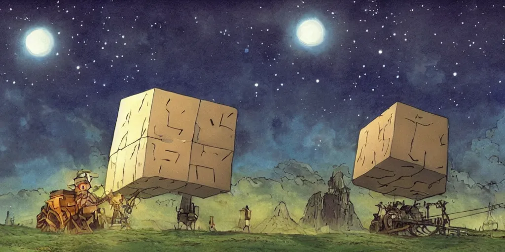 Image similar to a realistic cell - shaded concept art from howl's moving castle ( 2 0 0 4 ) of a huge floating cube from close encounters of the third kind ( 1 9 7 7 ). it is a misty starry night. a mammoth is in the background. very dull colors, hd, 4 k, hq