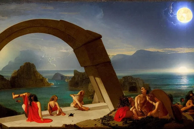 Image similar to The giant greek arch, refracted moon on the ocean, thunderstorm, greek pool, beach and Tropical vegetation on the background major arcana sky and occult symbols, by paul delaroche, hyperrealistic 4k uhd, award-winning, very detailed paradise