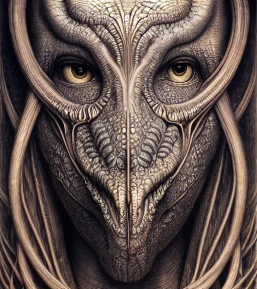 Image similar to detailed realistic beautiful dinosaur goddess face portrait by jean delville, gustave dore, iris van herpen and marco mazzoni, art forms of nature by ernst haeckel, art nouveau, symbolist, visionary, gothic, neo - gothic, pre - raphaelite, fractal lace, intricate alien botanicals, ai biodiversity, surreality, hyperdetailed ultrasharp octane render