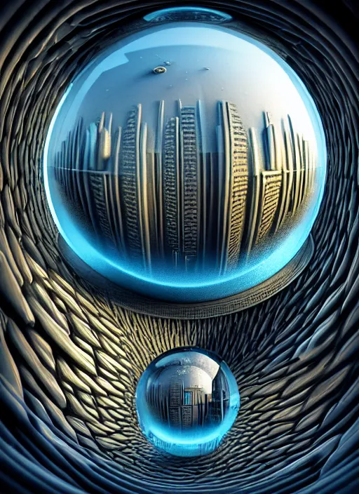 Prompt: hyperrealism, detailed textures, photorealistic 3 d render, an massive scale cave with a mini futuristic city inside, a central perfect large glass sphere, in the style of sahm, in the style of escher, ultra realistic, ultra high pixel detail, cinematic, intricate, cinematic light, concept art, illustration, art station, unreal engine 8 k