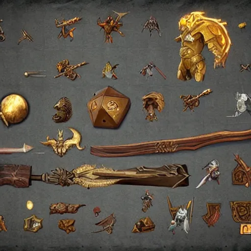 Image similar to fantasy, D&D, weapons, epic, artifacts, magical,