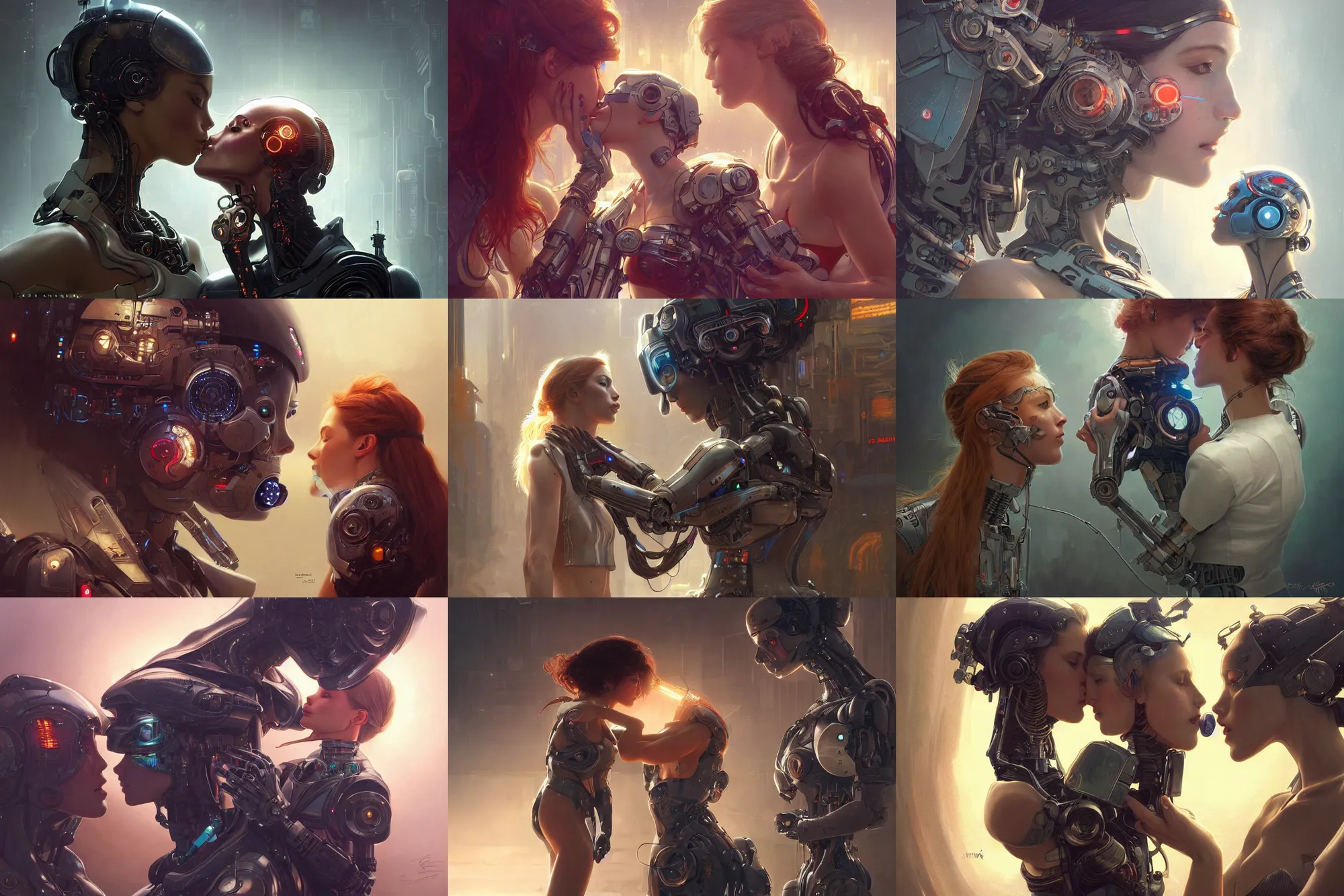 Image similar to Ultra realistic illustration, two women kissing a robot, cyberpunk, sci-fi, fantasy, intricate, elegant, highly detailed, digital painting, artstation, concept art, smooth, sharp focus, illustration, art by artgerm and greg rutkowski and alphonse mucha