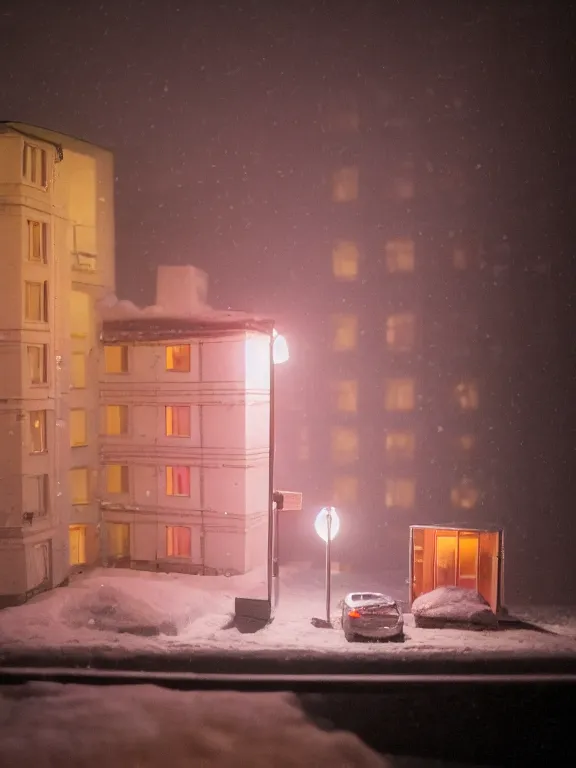 Prompt: small diorama a soviet residential building, pink volumetric lights are on in the windows, dark night, two man fighting for bottle of vodka on yard in front of building, cozy atmosphere, fog, cold winter, snowing, streetlamps with orange volumetric light, birches nearby,