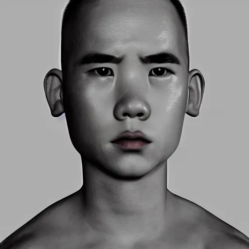 Image similar to dramatic portrait of chinese boy buzz cut, low poly 3 d render