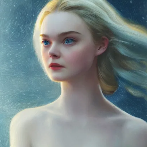 Prompt: Elle Fanning at night, stormy weather, extremely detailed masterpiece, oil on canvas, artstation, Skyfall, Roger Deakin’s cinematography, by J. C. Leyendecker and Peter Paul Rubens,
