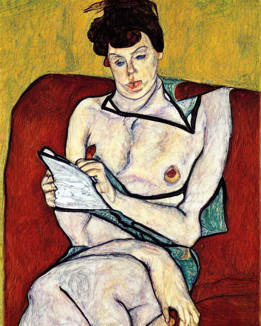 Image similar to portrait of young female on the sofa reading from ipad, in the style of Egon Schiele