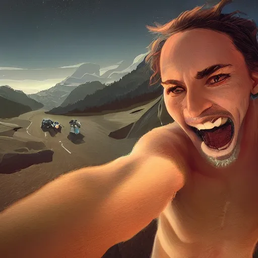 Prompt: The last selfie on earth, landscape, highly detailed, sharp focus, illustration, 8k, trending on Artstation