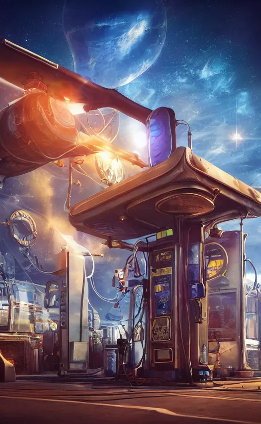 Prompt: steampunk gas station in space, concept art, polished, realistic, hard edges, zoomed in, very coherent, sharp focus, rim light, exquisite lighting, blue gradient, hard edges, sci - fi, cinematic, octane render