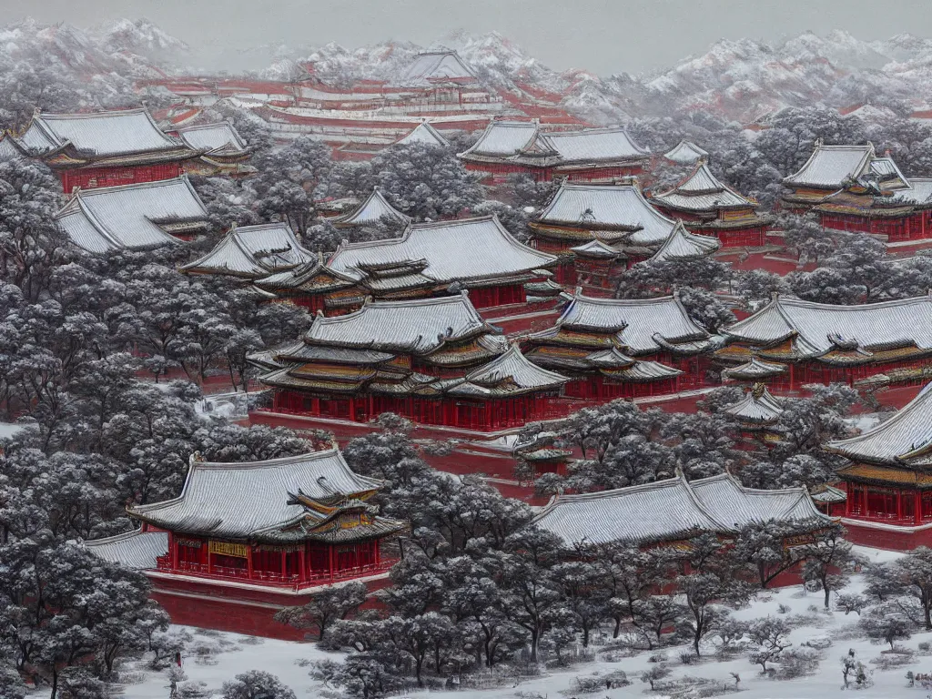 Image similar to forbidden city on snow mountain, highly detailed, cinematic landscape ， on a snowy day, oil painting style, by xu beihong