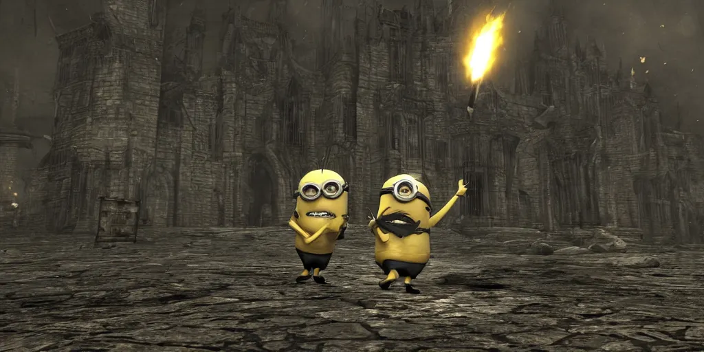 Image similar to minion as a darksouls boss, horror, hd, screenshot,