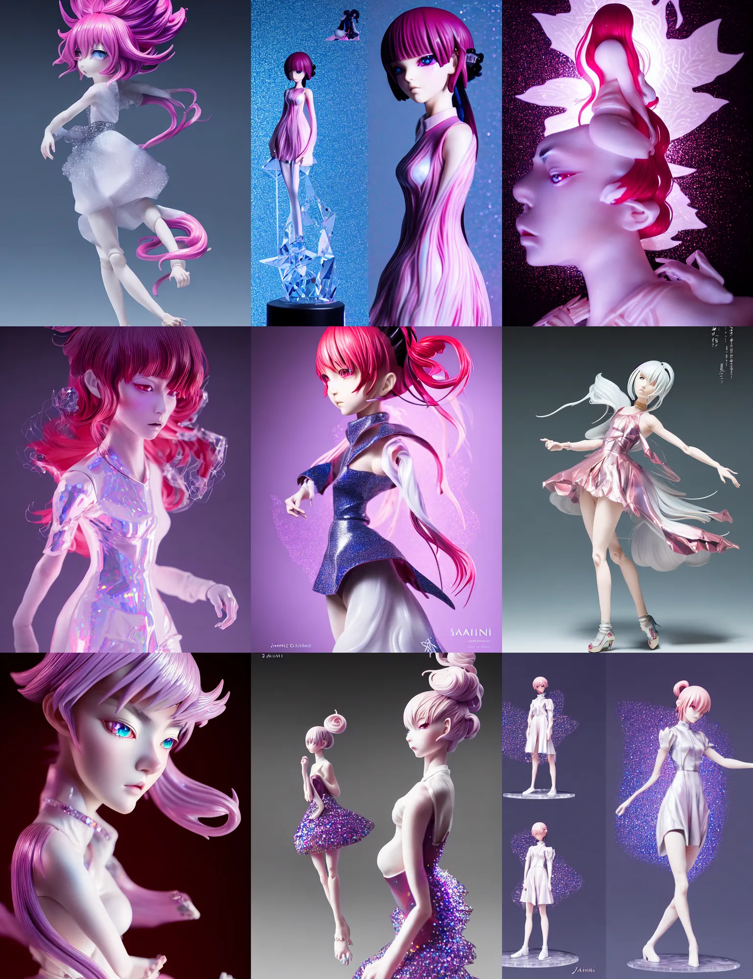 Prompt: sakimi, james jean, ilya kuvshinov isolated magical anime haute couture vinyl figure, avant hairstyle, artisan designer figure photography, glitter accents on figure, crystal holographic undertones, expert human proportions, high detail, ethereal lighting, rim light, expert light effects on figure, sharp focus, dramatic composition and glowing effects unreal engine, octane, editorial awarded best character design